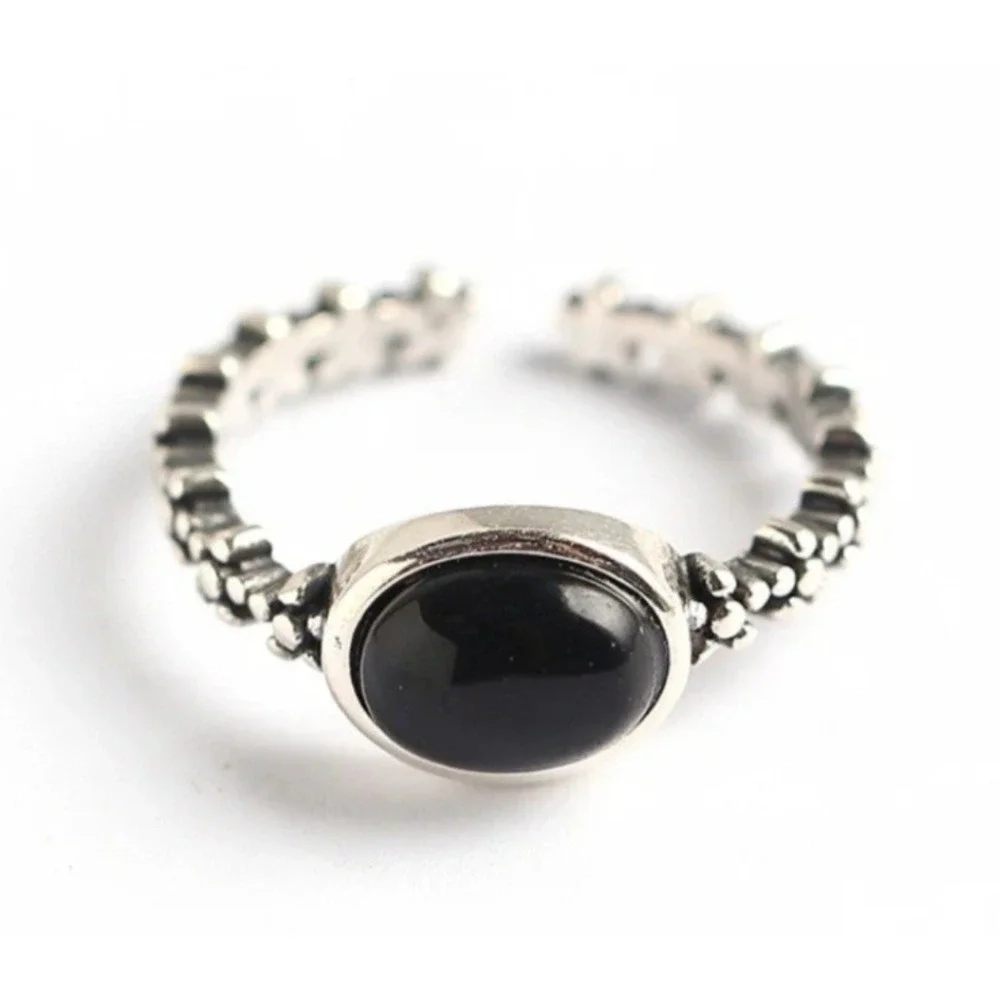 925 Sterling Silver Black Agate Stone Adjustable Ring Retro Flower NEW‎